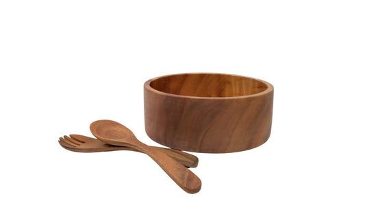 Wooden Straight Round Salad Bowl with Salad Tosser