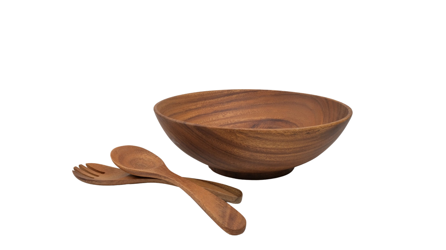 Wooden Wok Bowl Salad Bowl with Salad Tosser