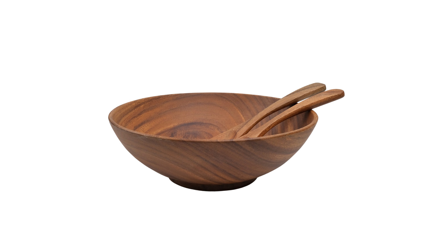 Wooden Wok Bowl Salad Bowl with Salad Tosser